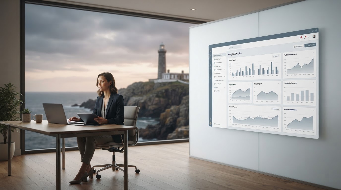 Farol Capitanca dashboard preview showing a real-time risk-assessment chart and tailored recommendations feed